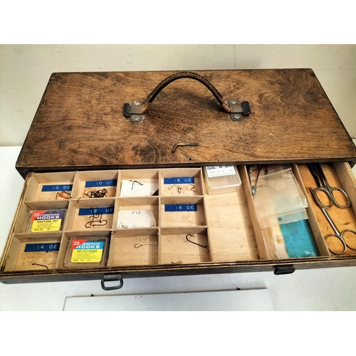 30A - Vintage Wooden 7 Drawer Box containing Fly Fishing Equipment. 33cm High, 43cm x 19.5cm.