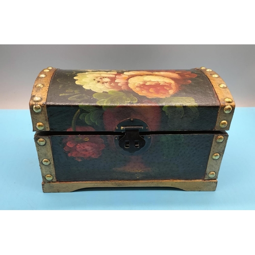 373 - Wooden Hand Painted Jewellery/Trinket Chest. Probably Victorian. 14cm High, 21cm x 14cm.