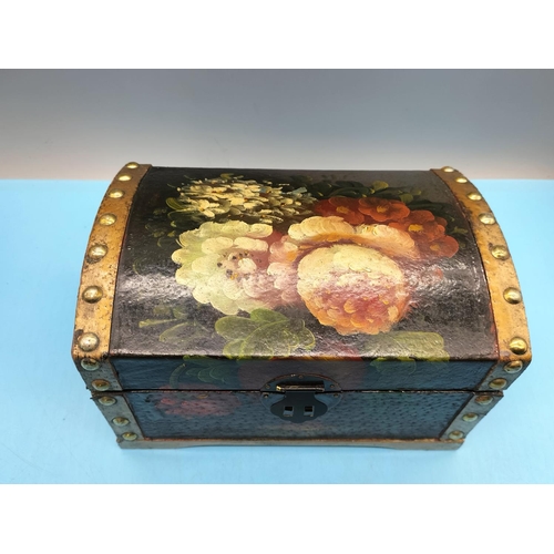 373 - Wooden Hand Painted Jewellery/Trinket Chest. Probably Victorian. 14cm High, 21cm x 14cm.