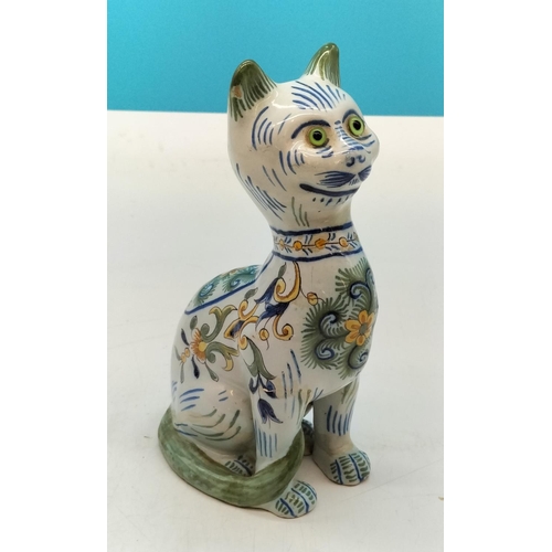 716 - 19th Century French Pottery 21cm Glass Eyed Cat Figure. A/F.