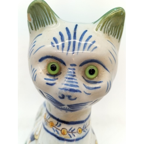 716 - 19th Century French Pottery 21cm Glass Eyed Cat Figure. A/F.