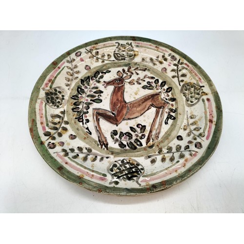 52 - Vintage Studio Pottery Hand Painted Folk Art 30cm Charger. Impressed MS Monogram.