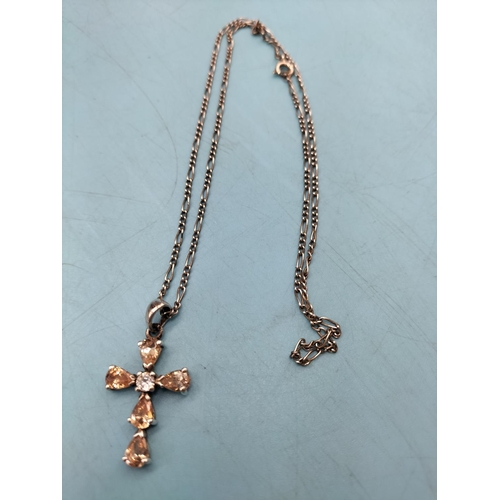 209 - Hallmarked Silver Stone Set Cross and Chain.