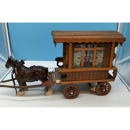 726 - Beswick Braided Shire Horse with Caravan. Caravan measures 35cm High, 60cm x 20cm.