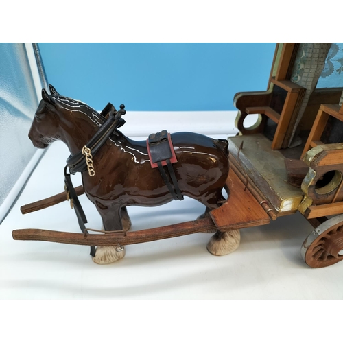 726 - Beswick Braided Shire Horse with Caravan. Caravan measures 35cm High, 60cm x 20cm.