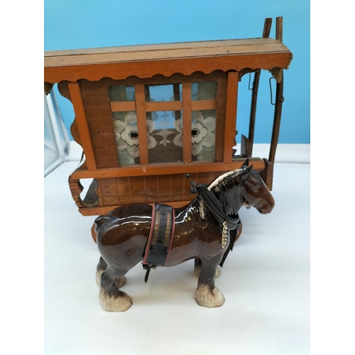 726 - Beswick Braided Shire Horse with Caravan. Caravan measures 35cm High, 60cm x 20cm.