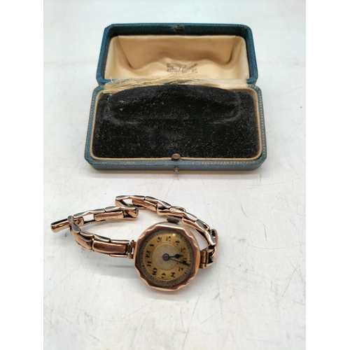 42 - 9ct Gold Watch Case and Strap in Original Box. 17 Grams Total. Requires Attention.