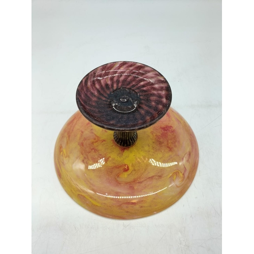 8 - Schneider Art Deco Glass Cake Stand/Tazza with Mottle and Swirl Design. Signed to Base. 13cm High, 2... 