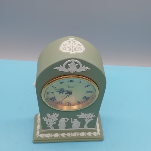 29 - Rare Wedgwood Jasper Green Mantle Cathedral Clock Barnet of London. 18cm High.