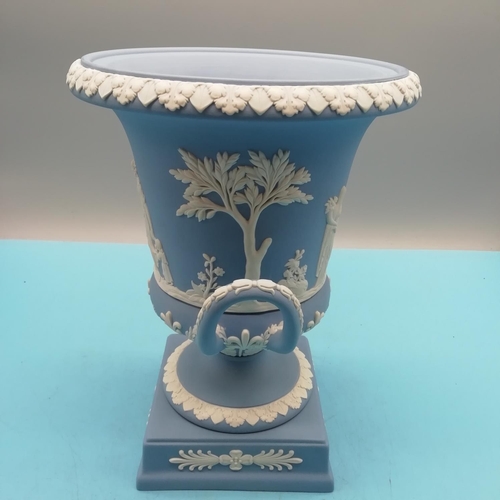 35A - Wedgwood Large Jasper Ware Twin Handled Pedestal Urn with Lid. In Original Box. 32cm Tall to Top of ... 