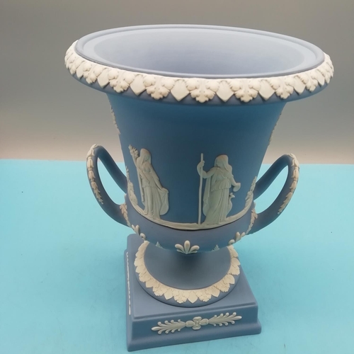 35A - Wedgwood Large Jasper Ware Twin Handled Pedestal Urn with Lid. In Original Box. 32cm Tall to Top of ... 