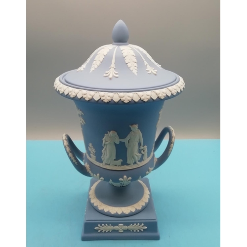 35A - Wedgwood Large Jasper Ware Twin Handled Pedestal Urn with Lid. In Original Box. 32cm Tall to Top of ... 