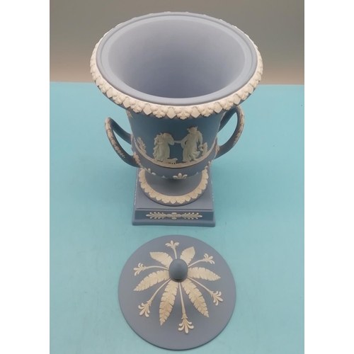 35A - Wedgwood Large Jasper Ware Twin Handled Pedestal Urn with Lid. In Original Box. 32cm Tall to Top of ... 