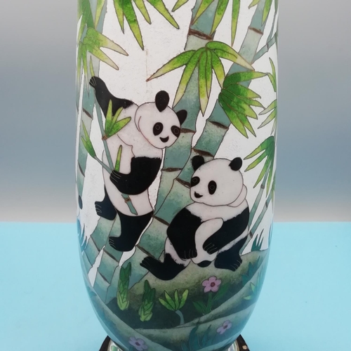 795 - Large Chinese Cloisonne Vase and Stand decorated with Pandas and Bamboo. Embossed Character Markings... 