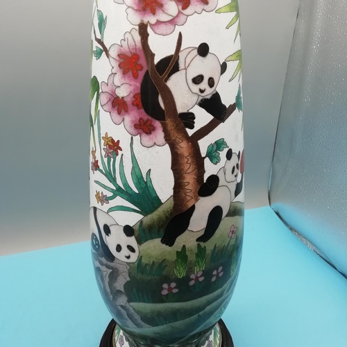 795 - Large Chinese Cloisonne Vase and Stand decorated with Pandas and Bamboo. Embossed Character Markings... 