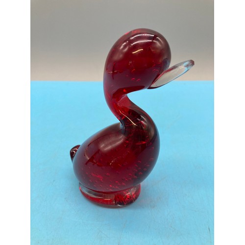 49 - Whitefriars Ruby Red Controlled Bubble Glass Duck. 14cm High.