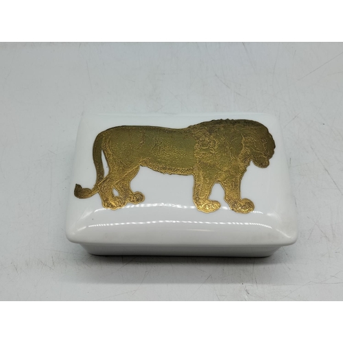 11 - Wedgwood China Design 63 Trinket Box with Lion Decoration. 3cm High, 13cm x 10cm.