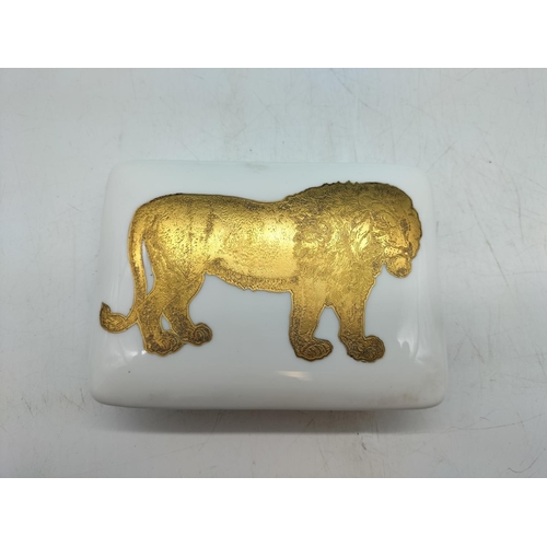 11 - Wedgwood China Design 63 Trinket Box with Lion Decoration. 3cm High, 13cm x 10cm.