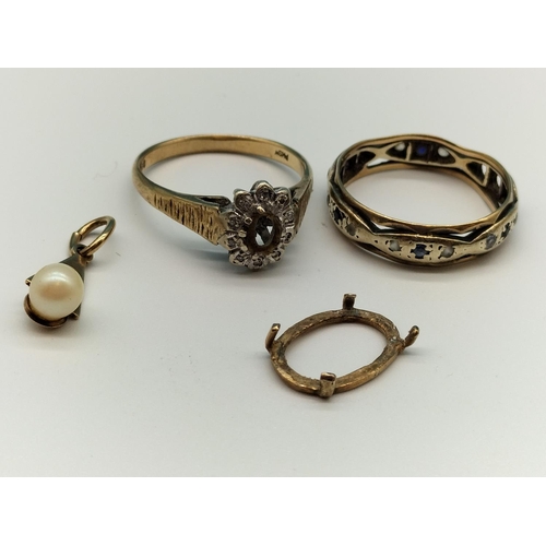 18 - 9ct Gold Band Stone Set Ring (2 Stones Missing), 9ct Gold Ring (Stone Missing), 9ct Mount plus 9ct E... 