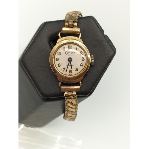 23 - 9ct Gold Case 'Chateau' 17 Jewel Ladies Watch. Requires Service.