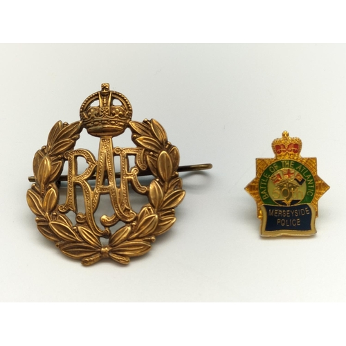 24 - Brass RAF Cap Badge plus Battle of the Atlantic 50th Anniversary, Merseyside Police Pin.