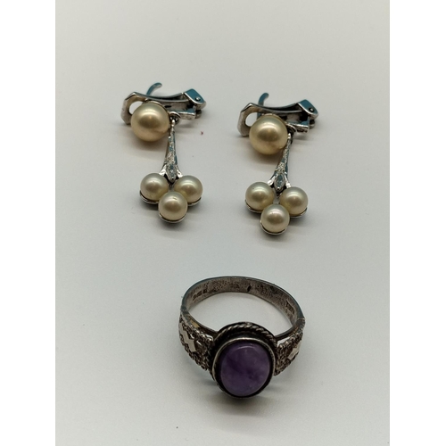 25 - Silver Stone set Ring (Size P) plus 925 Silver Pearl earrings.