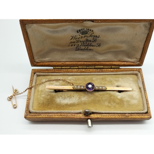 27 - Edwardian 9ct Gold, Amethyst and Seed Pearl Bar Brooch. Boxed. 2.1 Grams.