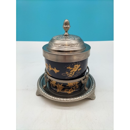 34 - Limoges France Cobalt Blue with Gold Relief Ice Bucket with Stand. 22cm High, 19cm Diameter.