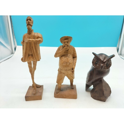 407 - Carved Wooden Figures (3). Tallest being 25cm.