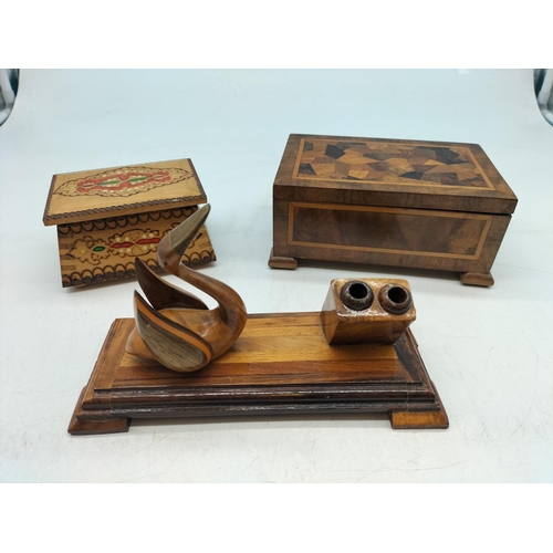 409 - Marquetry Wooden Boxes (2) plus Desk Pen Stand. Largest being 7cm High, 17cm x 11cm.