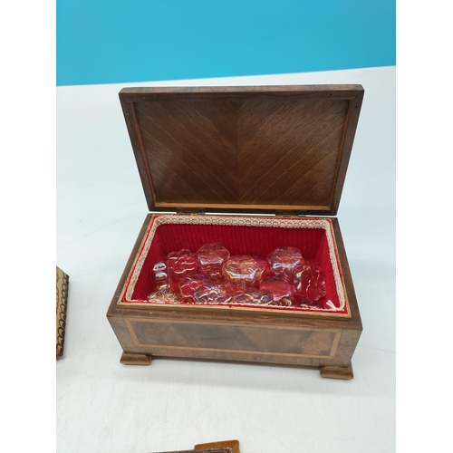 409 - Marquetry Wooden Boxes (2) plus Desk Pen Stand. Largest being 7cm High, 17cm x 11cm.