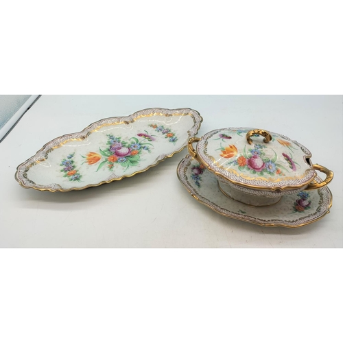 46 - Limoges Hand Decorated Sandwich Plate (35cm x 18cm) and Small Lidded Tureen (13cm High, 24cm x 12cm)... 