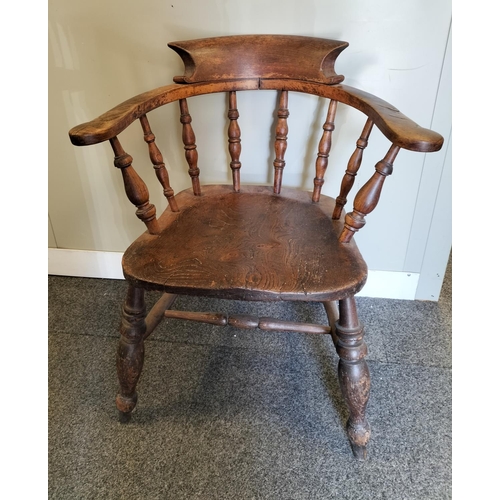 48 - Oak Spindle Back Smoker's Chair. Repair to Arm but Sturdy. 80cm High, 68cm x 50cm. Seat height 45cm.... 