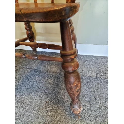 48 - Oak Spindle Back Smoker's Chair. Repair to Arm but Sturdy. 80cm High, 68cm x 50cm. Seat height 45cm.... 