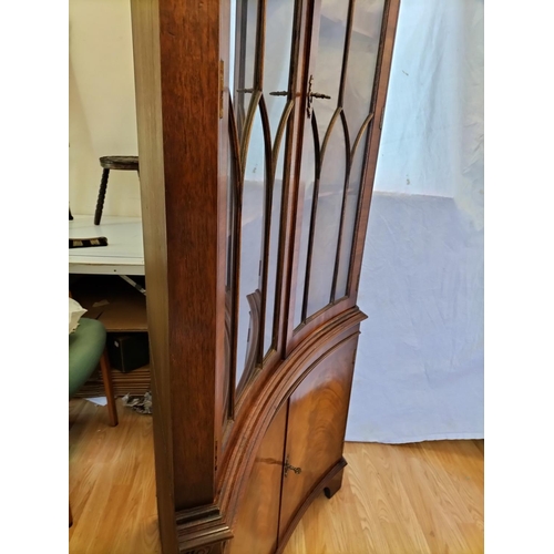 92 - Flamed Mahogany Concaved Corner Display Unit with Two Door Cupboard to Bottom (with Keys). 189cm Hig... 