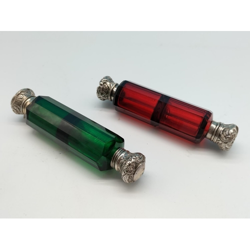 25A - 2 x Victorian Coloured Glass Double Ended Scent Bottles. 11cm Long. Fine Denting to Lids. One Hinge ... 