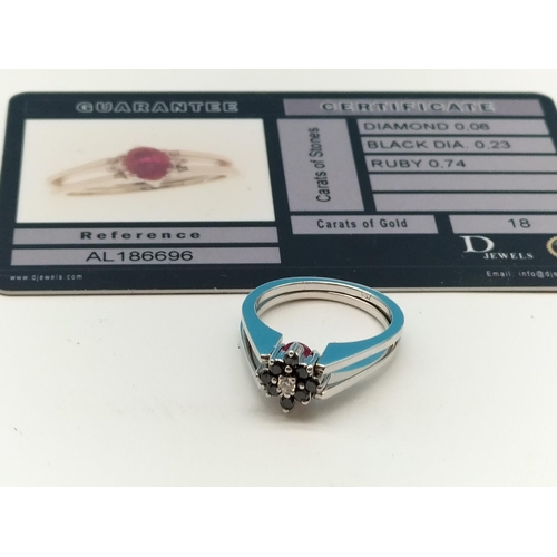 37 - 18ct White Gold Butterfly Ring. Size N. Diamond and Black Diamond on One Side, Ruby and Diamond on t... 