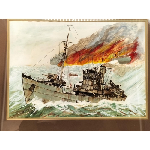 111 - Framed Watercolour by Gwyneth Dyson 'Battle at Sea' 70cm x 55cm plus Framed Naval Patches and Extras... 