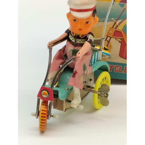 13 - Boxed Vintage Clockwork Tricycle with Bell. W/O.