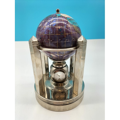 17 - Gemstone Rotating Globe Desk Clock, Thermometer and Hydrometer in Chrome Stand. 24cm Tall, 14cm Diam... 