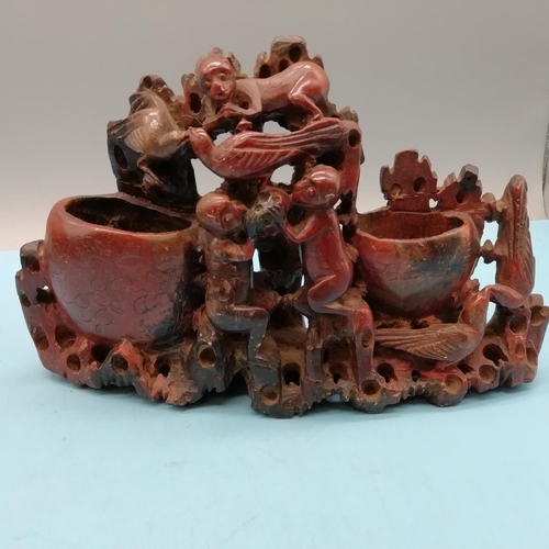 19 - Chinese Soapstone Drip Tray/Brush Pots (2). 12cm High, 26cm Long. Both have Minor Nips to Ink Trays.