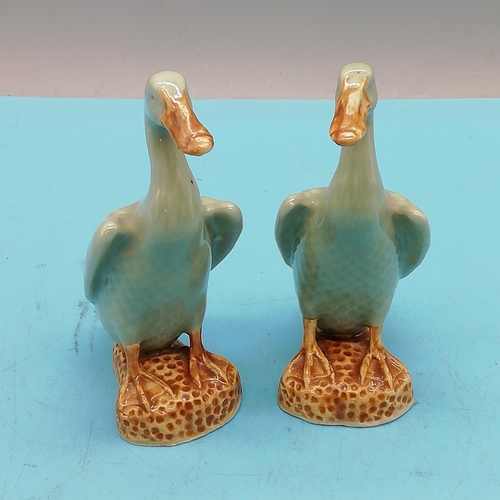 23 - Pair of 11cm Chinese Celadon Mandarin Duck Figures. Signed to Base.