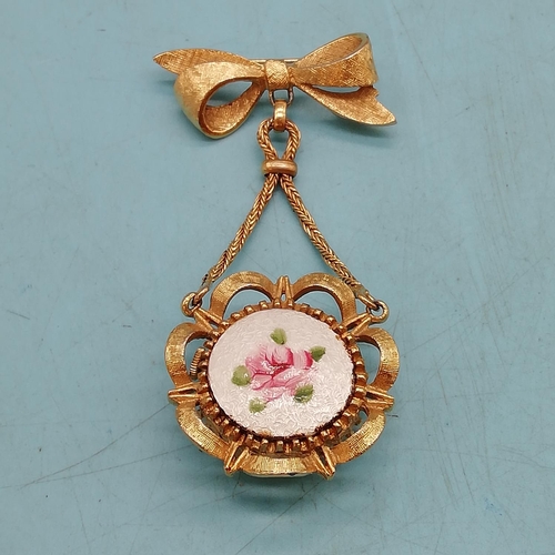 312 - Vintage Corocraft Ladies Suspended Brooch/Watch with Enamel Floral Display. Requires Attention.