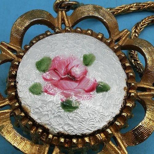 312 - Vintage Corocraft Ladies Suspended Brooch/Watch with Enamel Floral Display. Requires Attention.