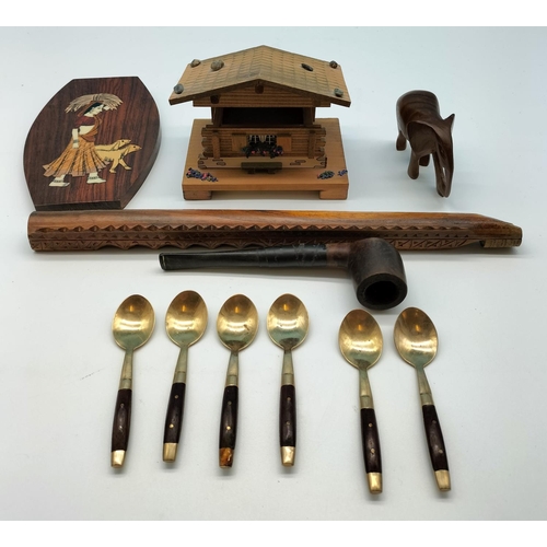 432 - Collection of Wooden Items to include Musical Swiss Chalet Box, Musical Pipe, Wooden Handled Spoons,... 