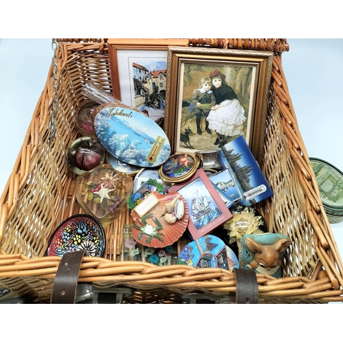 435 - Wicker Basket with Contents to include Paperweights, Clocks, Pictures, Medals, etc.