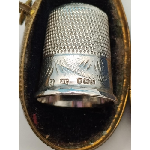 6 - Birmingham Hallmarked Silver Thimble in Ornate Fabric Lined Metal Case.