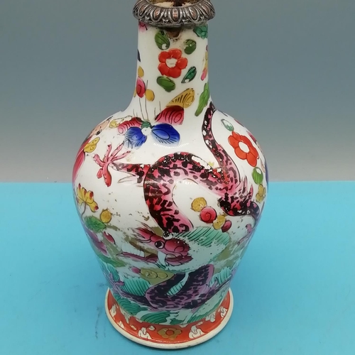 62 - Mid 19th Century English Copy of Chinese Ware Hand Painted 19cm Vase with Silver Collar. Marks to Ba... 