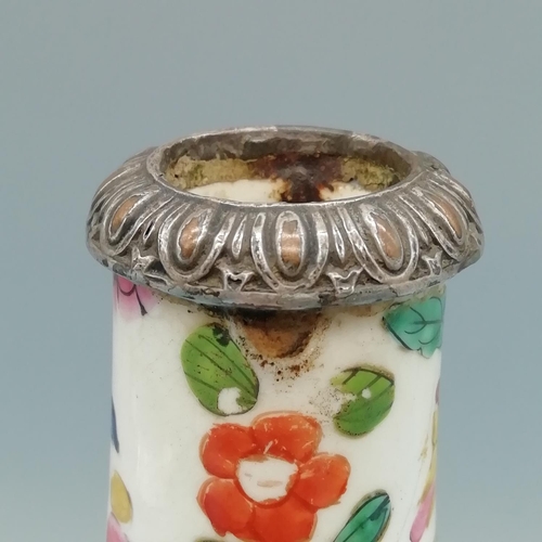 62 - Mid 19th Century English Copy of Chinese Ware Hand Painted 19cm Vase with Silver Collar. Marks to Ba... 