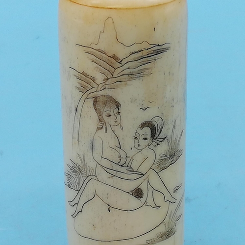 64 - 19th Century Chinese Bone 7cm Scent/Snuff Bottle with Hand Carved Erotic Scene.